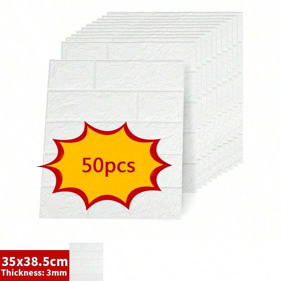 10/20/40/50pcs 3D Brick Pattern Self-Adhesive Wall Stickers, Easy To Apply, Peel, Clean And Cut, Suitable For Kitchen, Living Room, Bathroom, Hallway, Bedroom - White - View 1