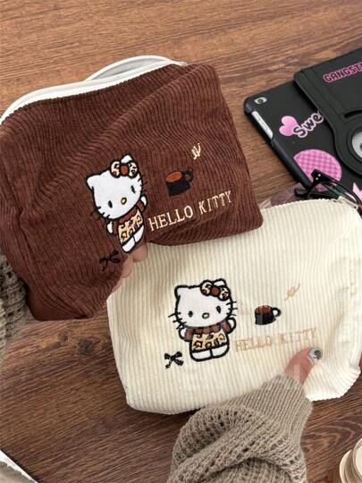 Sanrio Hello Kitty Makeup Bag, Embroidered Handheld Corduroy Makeup Bag, Large Capacity Storage Makeup Bag, Sanrio Handheld Bag, No Pendant Included