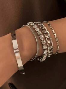 5 件套几何水钻串珠手链，复古简约手工爪链手链，适合派对、聚会和日常佩戴 - 銀色 - 查看 3