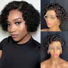 bling hair Short Curly Lace Front Wigs In Pixie Cut, 15 Cm, 13 X 1 Parted Lace Front Wigs Made Of Real Hair For Women, 6 Inches, Natural Black 99j 1b/27 1b/30 - Natural Black - 查看 8