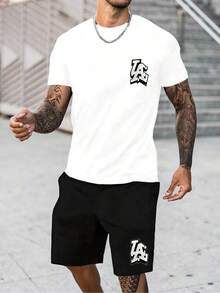 "LA" Sports Team Logo Print - Casual Men's Cotton T - Shirt & Polyester Shorts Two - Piece Set, Comfortable & Breathable, Summer Fashion Top Pick, High - Quality Attractive Street - Sports Print - 白色 - 查看 1