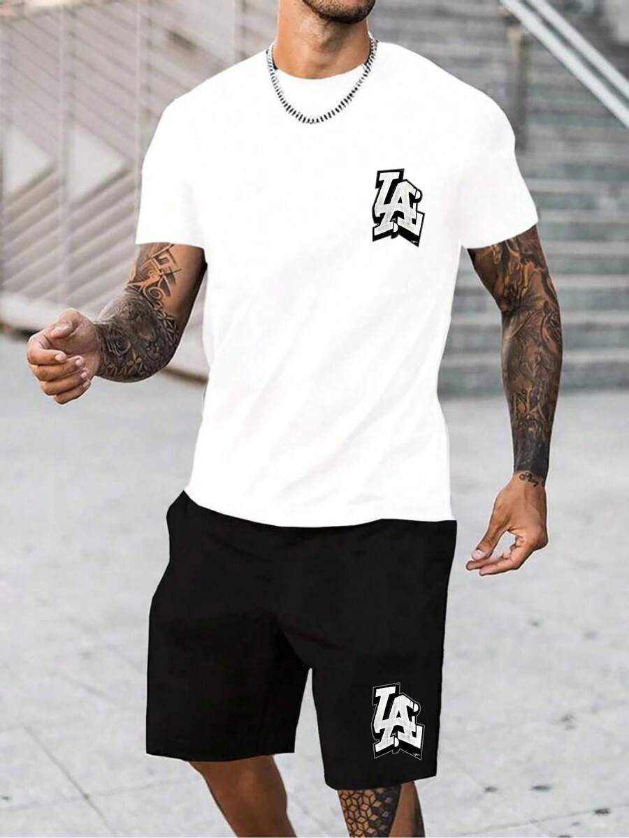 "LA" Sports Team Logo Print - Casual Men's Cotton T - Shirt & Polyester Shorts Two - Piece Set, Comfortable & Breathable, Summer Fashion Top Pick, High - Quality Attractive Street - Sports Print - 白色 - 查看 1