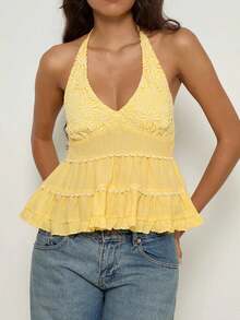 Women's Y2K Lace Halter Tops Floral Embroidered Sleeveless Ruffled Hem Tiered Flowy Crop Tank Tops Summer Backless Boho Layered Camisole Vest Shirts Going Out Tops Aesthetic Clothes Party Beach Vacation Streetwear - 黃色 - 查看 3