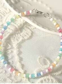 1pc Handmade Rainbow Beaded Bracelet With Cat Eye Stone Accents, Cute Design For Girls (Actual Size May Vary)
