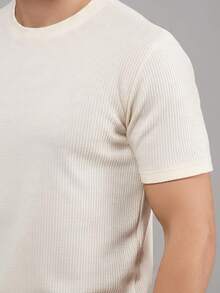 Textured Casual Basic Straight Textured Premium Knit T-Shirt - Beige - View 3