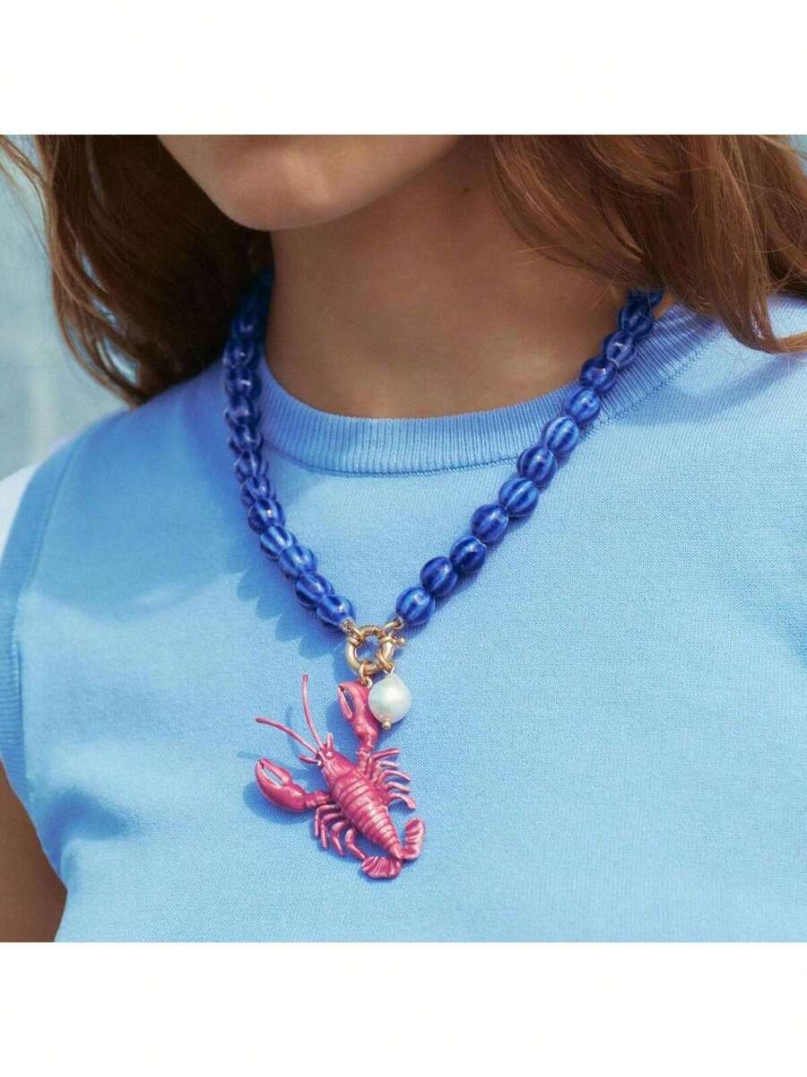 1 colar de contas de pérolas artificiais e lagosta com gota de óleo em liga metálica, design minimalista personalizado para mulheres, adequado para férias na praia