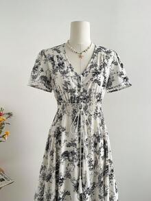 Rusttydustty 网络星期一 圣诞节 万圣节 新年 派对 女士碎花V领收腰休闲长裙 波西米亚风 复活节 海滩装扮 夏威夷 音乐节 热带假期 - 黑與白 - 查看 6