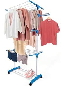 AKASENKO Tendedero Plegable de 3 Niveles,Tendedero de Ropa Plegable Vertical,Soportes Tendederos, Perchaóvil con alas Plegables y Ruedas,Tendedero Retráctil,Portátil. (Gris) - Azul - Ver 13