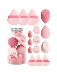 Set de 15 piezas de esponjas de maquillaje con recipiente de almacenamiento que incluye 3 esponjas de maquillaje, 3 esponjas de maquillaje mini, 3 borlas de polvos grandes, 3 borlas de polvos mini y 3 cojines de dedo mini.