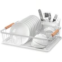 New Dish Drainer Rack For KitchenMetal Dishes Drying Rack With Drip Tray Cutlery Holder Wooden HandlesDraining Board Racks 43x31x12cmWhite - White - View 1