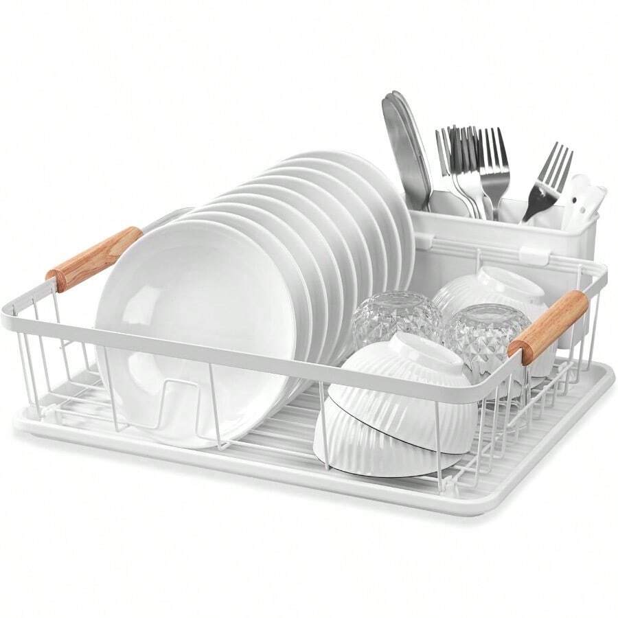 New Dish Drainer Rack For KitchenMetal Dishes Drying Rack With Drip Tray Cutlery Holder Wooden HandlesDraining Board Racks 43x31x12cmWhite - White - View 1