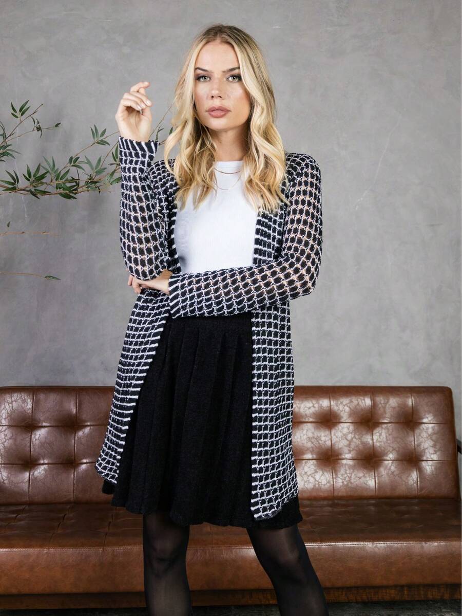 Women's Long Open Stylish Kimono Cardigan - 深黑色 - 查看 1