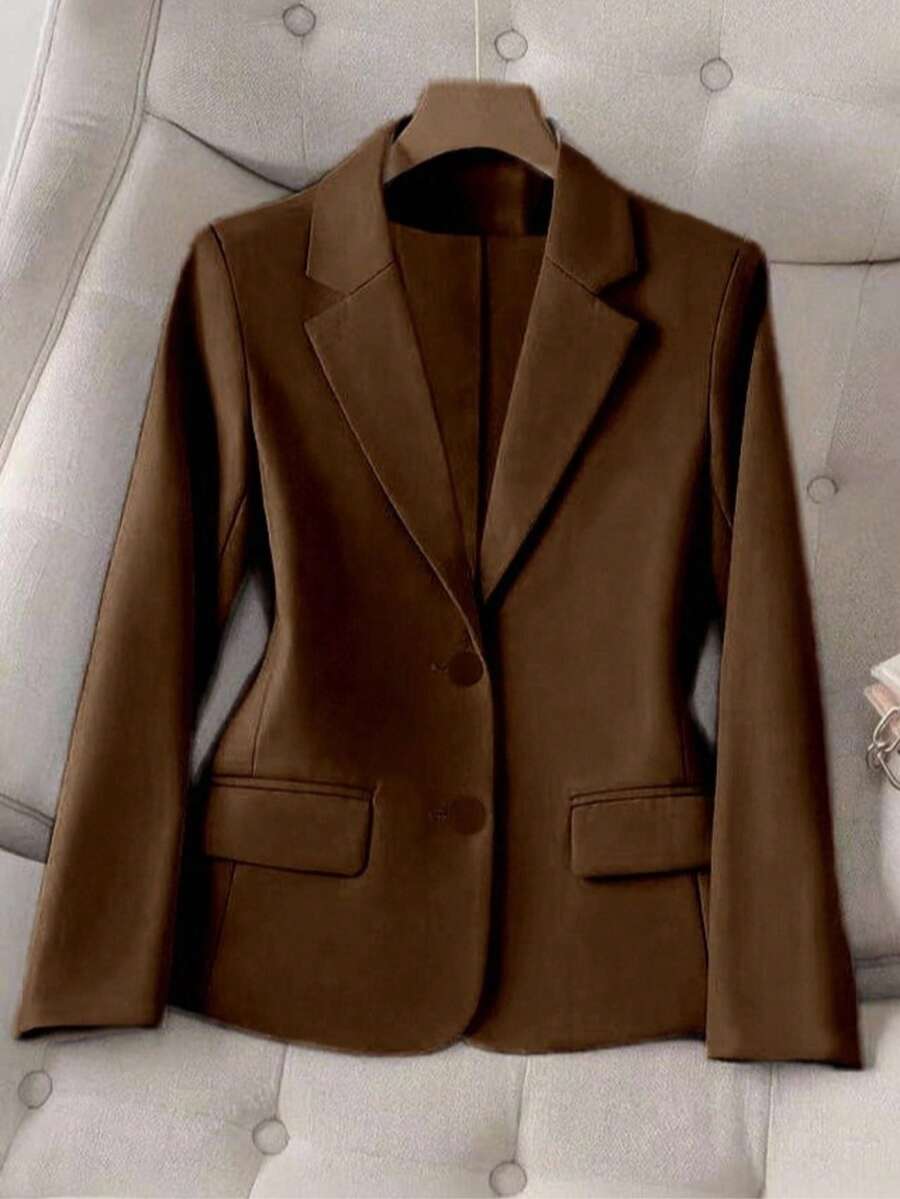 Women's Elegant Tailored Blazer, Plain Coat, 2 Buttons, Beautiful Summer, Long Sleeve - Cà phê nâu - Xem 1