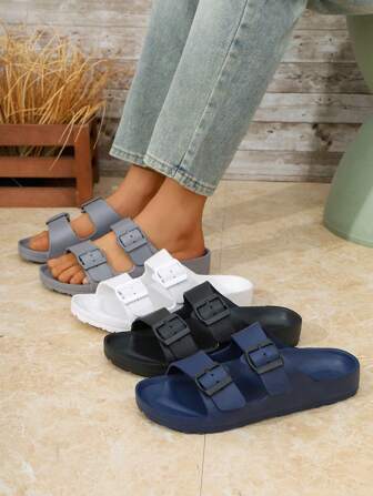 Chanclas de playa de plástico EVA de color liso, con doble barra ajustable y tacón plano, sandalias planas antideslizantes, adecuadas para adolescentes, casual, deportes al aire libre, vacaciones, regalo de graduación o accesorios para look de cumpleaños, chanclas de dedo