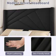 Full/ Queen Size Bed Frame With Tall Wingback Headboard And Footboard, Upholstered Platform Bed Frame With Geometric Tufted Headboard & Footboard, Velvet Modern Bed Frame, No Box Spring Needed, Easy Assembly, Cream White/ Black - 黑色 - 查看 2
