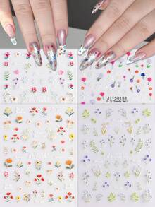 2/4 Pcs Spring Wildflowers Embossed Three-Dimensional Colorful Flower Nail Stickers, Monet's Garden Flowers Small Floral Patterns, Adhesive Back Self-Adhesive Acrylic Nail Art Decals, Suitable For Women And Girls Fashion DIY Manicure - Multicolor - View 1