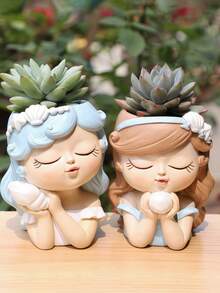 Cute Head Planter Resin Succulent Little Girl Flower Pot, Human Face Cactus Plants Container Bonsai Holder Thumb Fairy Figurine Statue With Drainage Decor Gift (Blue & Green) - Multicolor - View 9