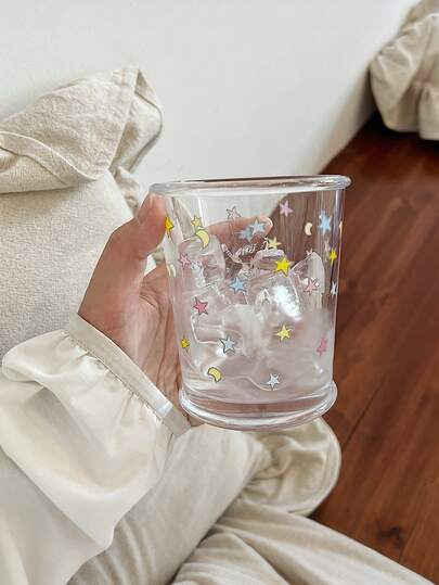 300ml彩色星星图案玻璃杯 少女心手拿咖啡杯 可爱优质玻璃杯 大容量早餐/牛奶杯 家用下午茶杯