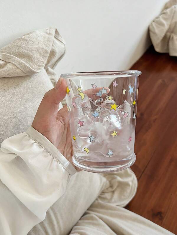 300ml彩色星星图案玻璃杯 少女心手拿咖啡杯 可爱优质玻璃杯 大容量早餐/牛奶杯 家用下午茶杯