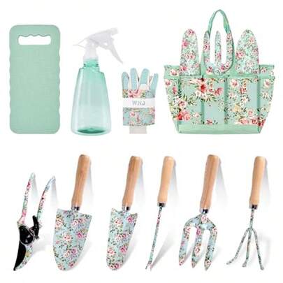 Kit de herramientas de jardinería de 10 piezas con diseño floral de alta resistencia, juego completo con bolsa para herramientas de jardinería, mangos de goma antideslizantes, regalo ideal para mujeres