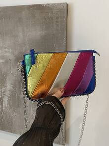 1 件多色信封式 PU 拼接链条斜挎包，适合女士 - 彩色 - 查看 2
