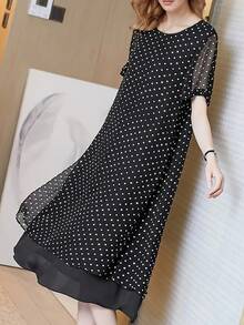 Women's Polka Dot Pattern Long Chiffon Wrap Dress, Layered Design, Elegant For Daily Outings, Commuting, Home & Leisure - Black - View 1