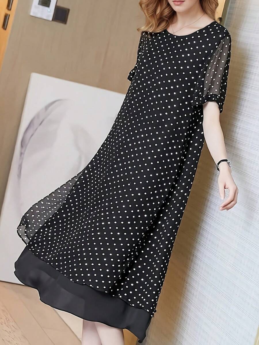 Women's Polka Dot Pattern Long Chiffon Wrap Dress, Layered Design, Elegant For Daily Outings, Commuting, Home & Leisure - Black - View 1