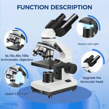 Microscopio biológico óptico compuesto binocular, lente objetivo mejorada de 4, con aumento de 40X-2500X, con iluminación LED superior e inferior mejoradas, incluye oculares gran angular duales y kit de observación, con base de metal para experimentos