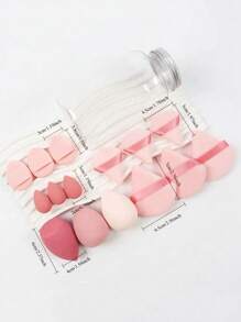 Set de 15 piezas de esponjas de maquillaje con recipiente de almacenamiento que incluye 3 esponjas de maquillaje, 3 esponjas de maquillaje mini, 3 borlas de polvos grandes, 3 borlas de polvos mini y 3 cojines de dedo mini.