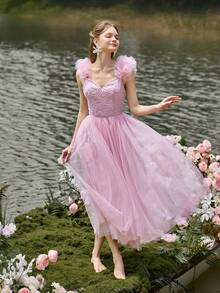 Gorgeous Midi Graduation Dress With Beaded Bodice, Tulle Ruffle Sleeves, Tiered Ruffled Skirt - Birthday Women Outfits For Wedding Guest Outfits, Graduation Proms, Cocktail Parties & Garden Galas - Pink - View 6