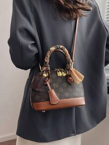 1 件女士时尚花卉印花撞色手提包，字母印花贝壳形拉链斜挎包，配有可拆卸肩带，可容纳手机、化妆品、零钱包，带围巾装饰，适合购物、户外、旅行 - 彩色 - 查看 3