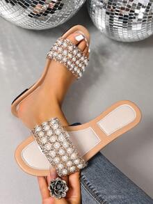 女士时尚休闲系带凉鞋，夏季舒适平底一脚蹬沙滩拖鞋 - 米色 - 查看 2