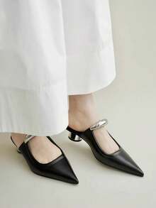 Women's New Simple Pointed Toe Mule Slippers, Black Leather Metal Decor Vintage French Chunky Heel Mid-Heel Open Back Slides, Elegant To Pair With Dresses, Fashion Mini Leather Shoes - Black - View 3