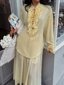 Robe blouse ample d'été à col V style papillon pour femmes, tenue de mode française, jaune beurre
