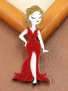 1pc Handmade Retro Modern Woman With Hat Acrylic Brooch, Vintage Cartoon Character Portrait Pins
