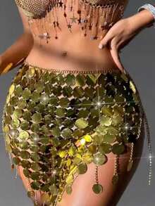 1入售銀色閃爍亮片裙鏈，歐美時尚性感復古派對夜店皇后迪斯科舞臺誇張銀色流蘇珠片迷你裙，腰鍊身體配飾