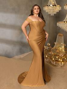 Faeriesty Curve Plus Off Shoulder Bodice Contrast Ruched Wrap Hem Formal Evening Party Dress