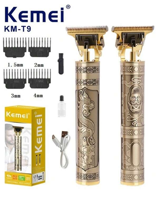 Kemei Cortapelos para hombres KM-T9, recortadora eléctrica inalámbrica y afeitadora de barba, cortadora de cuchilla T con cero espacios, kit de corte de cabello recargable, regalo para padres y hombres, tipo C-USB