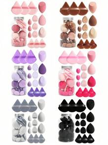 Set de 15 piezas de esponjas de maquillaje con recipiente de almacenamiento que incluye 3 esponjas de maquillaje, 3 esponjas de maquillaje mini, 3 borlas de polvos grandes, 3 borlas de polvos mini y 3 cojines de dedo mini.