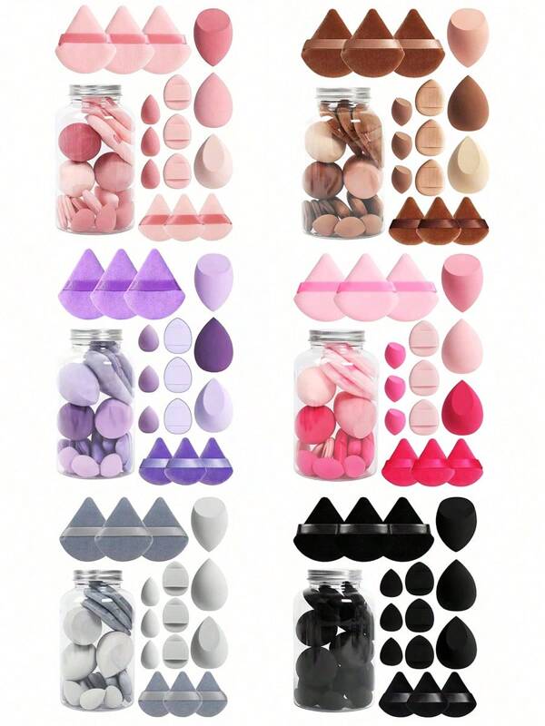 Set de 15 piezas de esponjas de maquillaje con recipiente de almacenamiento que incluye 3 esponjas de maquillaje, 3 esponjas de maquillaje mini, 3 borlas de polvos grandes, 3 borlas de polvos mini y 3 cojines de dedo mini.