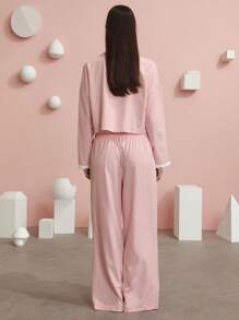 بيجامة نسائية، ملابس علوية علوية بياقة مستديرة وأزرار، وبنطلون كاجوال بخصر مطاطي، ملابس منزلية عصرية، ملابس خريفية