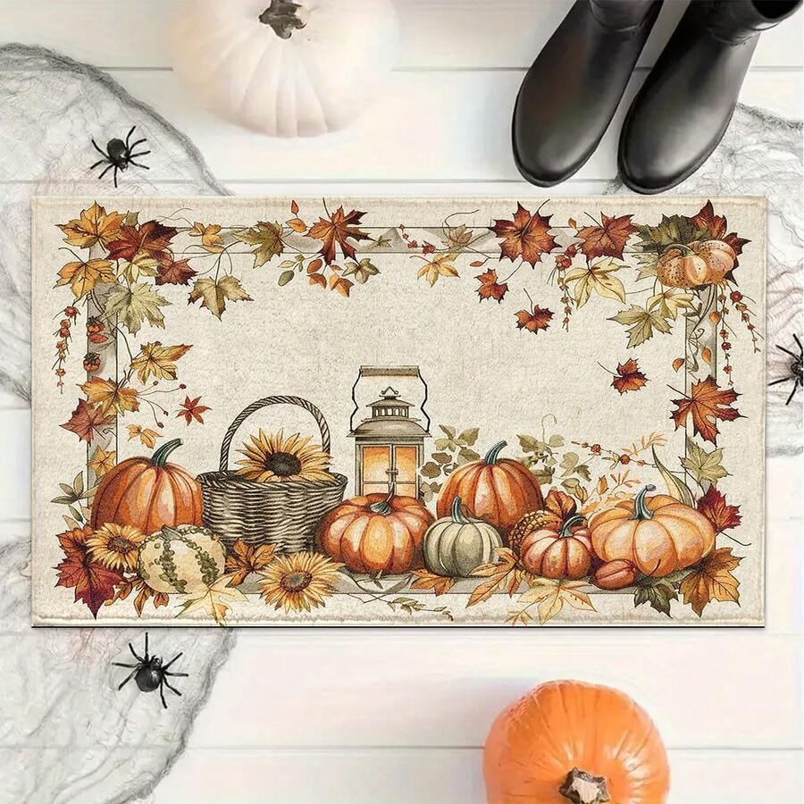 1pc Autumn Yellow Pumpkin & Leaf Print Faux Wool Face TPR Bottom Entryway Mat, Bathroom Mat, Kitchen Mat, Laundry Room Mat, Holiday Atmosphere Decor, Home Decor, Party Decor, Wedding Decor, Dining Decor - ZFYR-132 - View 1