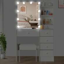 White Dressing Table LED Vanity Stool Set Makeup Desk W/ Mirror 10 Light &Drawer - White - View 6