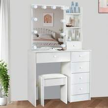 White Dressing Table LED Vanity Stool Set Makeup Desk W/ Mirror 10 Light &Drawer - White - View 3