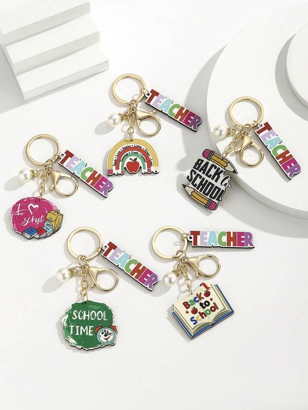 1pc Graduation & Back To School Themed Pearl Letter Slogan Pencil Case Pendant,Back To School TEACHER Book & Pencil Initial Letter Charm, Graduation Season English Motto Rainbow Decor, Teacher's Day Gift