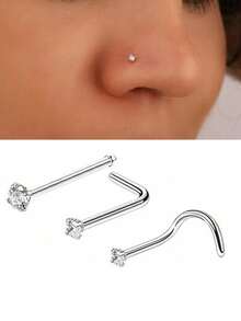 Conjunto de 3 peças de piercing de nariz em aço inoxidável 316L com zircônia, calibre 20G, para homens e mulheres. Piercing de nariz em formato de L com rosca, joia para piercing de nariz em aço inoxidável. Piercing de nariz simples e elegante com strass, estilo punk, ideal para mulheres e homens. Uma joia corporal moderna e perfeita para presentear em qualquer ocasião. - Multicolorido - Ver 2