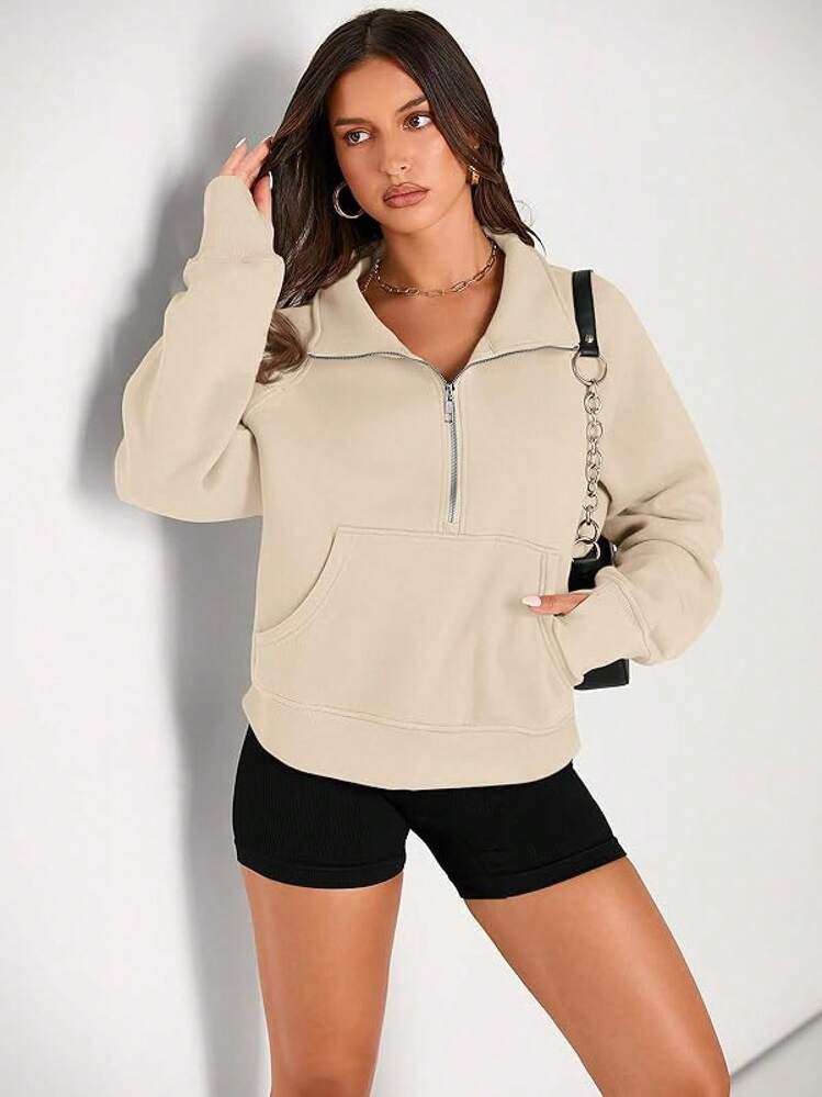 Womens Sweatshirts Half Zip Cropped Sweater Fleece Quarter Zipper Hoodies 2025 Fashion Outfits Clothes - Màu be - Xem 2