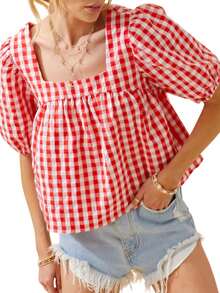 Women's Summer Plaid Print Tops Short Puff Sleeve Square-Neck Crop T-Shirt Casual Blouse - Đỏ - Xem 1