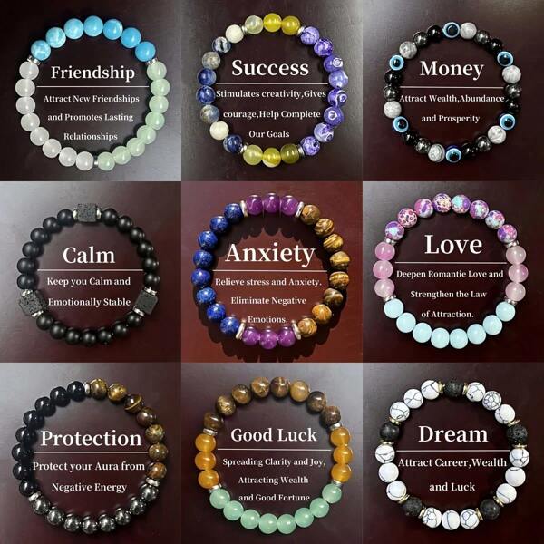 A Set Of 9/1 Magical Crystal Bracelets, Symbolizing Peace, Wealth, Prosperity, Friendship, Good Luck, Love, And Protection - Crystal Beads That Bring Optimism And Positivity, Confidence And Strength, A Perfect Unisex Gift With Elastic Stretch - Ideal For Christmas And Halloween.