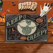 Set de 4/6/12 manteles individuales - Diseño de calabaza de horror, bruja y murciélago - Manteles individuales impresos creativos, resistentes al calor, decoración de mesa de cocina y comedor para Halloween, decoración de habitación, ajuste de mesa para fiestas festivas, aumenta el ambiente festivo